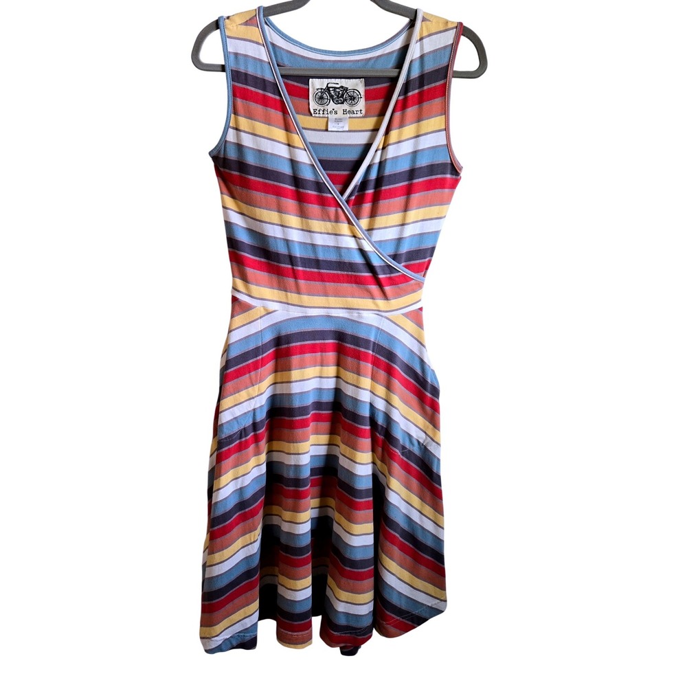 Effie's Heart Retro Multi Color Striped Faux Wrap Dress Sleeveless Pockets SM